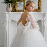 Birthday Banquet First Communion Gowns Flower Girl Dresses White Tulle Polka Dot Skirt With Bow Long Sleeve For Wedding