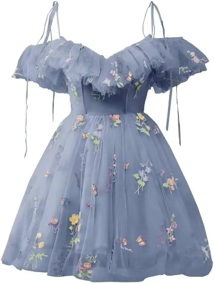 Blumenstickerei Tüll Kurze Heimkehrkleider für Teenager Mini Fee V-Ausschnitt Formales Abschlussball-Cocktailpartykleid 2025 