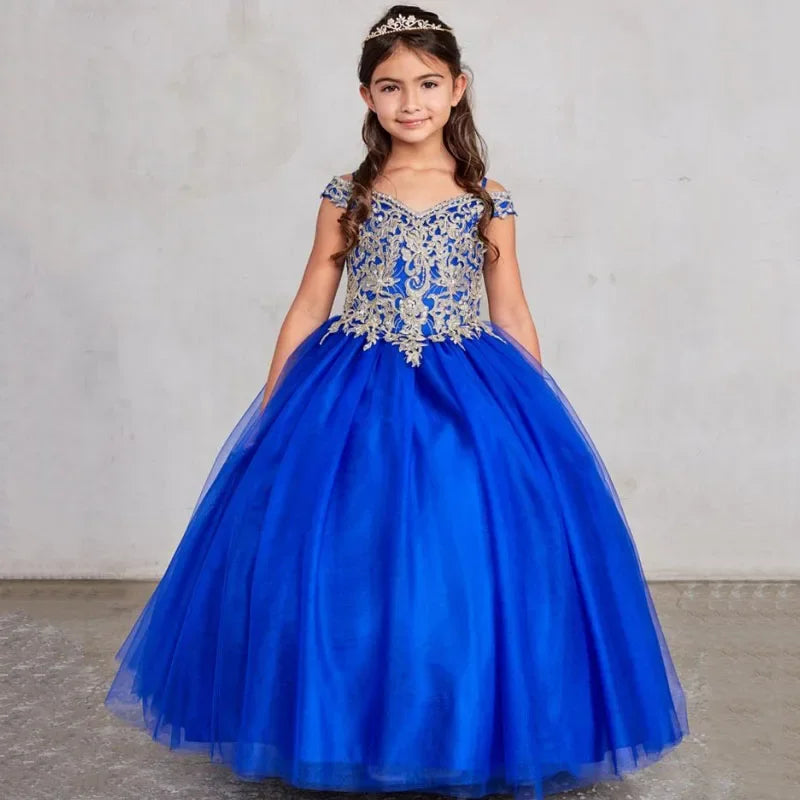 Vestidos de princesa para banquete de fiesta de cumpleaños, vestidos de niña de las flores personalizados, azul real, estampado dorado, apliques sin mangas para boda 