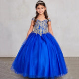 Vestidos de princesa para banquete de fiesta de cumpleaños, vestidos de niña de las flores personalizados, azul real, estampado dorado, apliques sin mangas para boda 