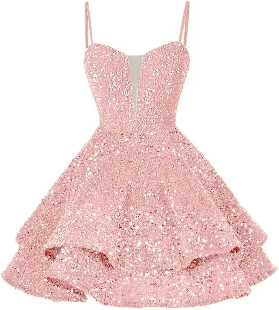 Kurzes Pailletten-Heimkehrkleid für Teenager, funkelnde Ballkleider, Sweet 16-Fotoshooting, Cocktailkleider, Minikleid, Partykleider 