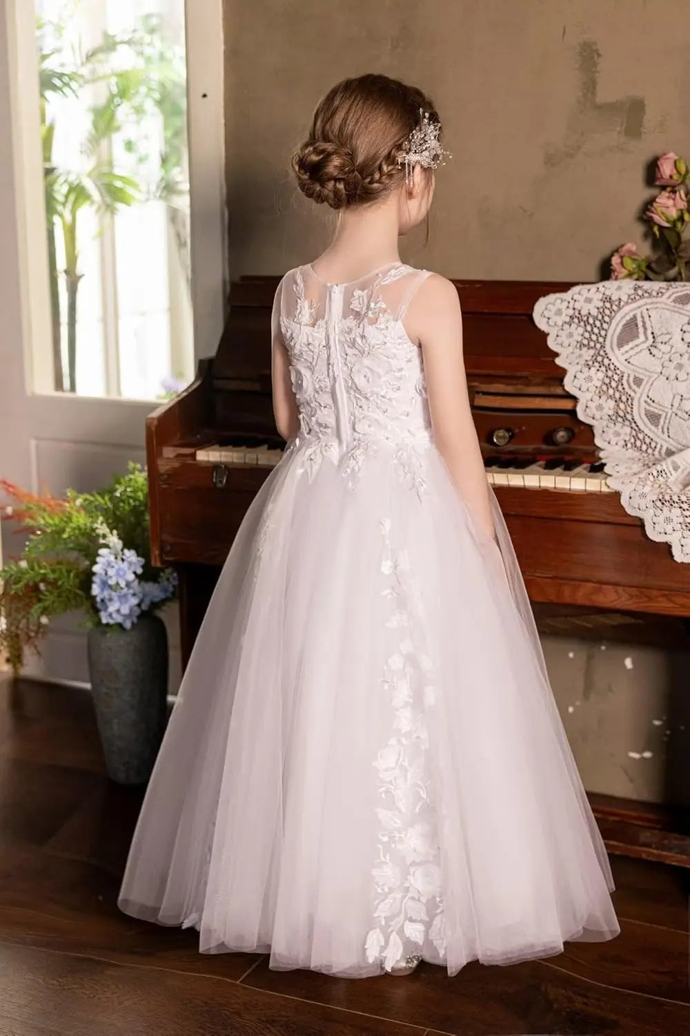 Vestidos de tul para niña de las flores para boda, vestido de primera comunión, vestido de dama de honor de encaje para niña, vestido de fiesta de desfile 