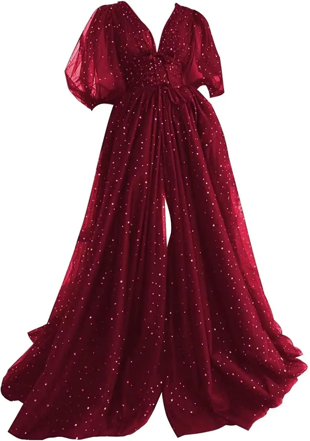 Vestidos de fiesta formales de noche largos de talla grande con mangas abullonadas de tul estrellado brillante para mujer con abertura 