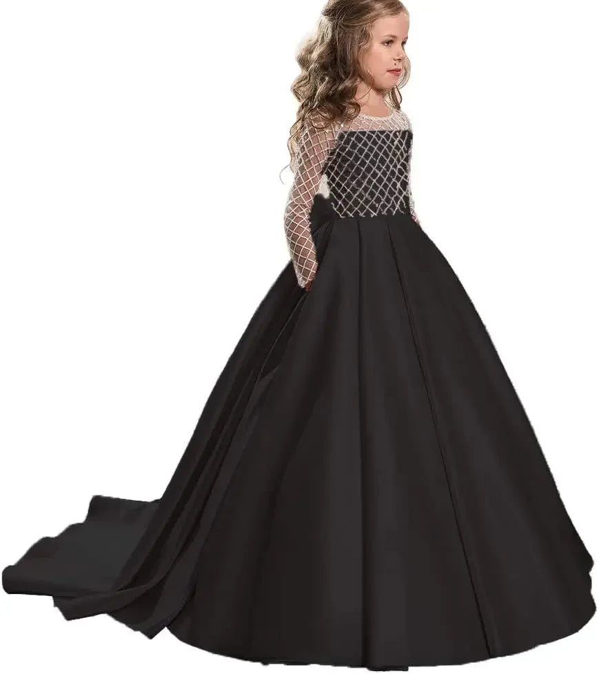 Ball With Bow Satin Floor Length Girl Kids Birthday Party First Holy Communion Gowns Elegant Flower Girl Dresses for Wedding