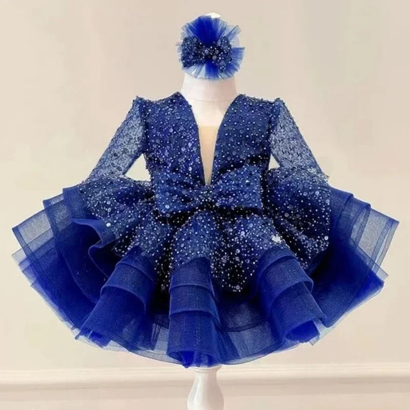 Bonitos vestidos de princesa para fiesta de bodas, personalizados, de organza brillante con lentejuelas y lazo, para niña de las flores. 