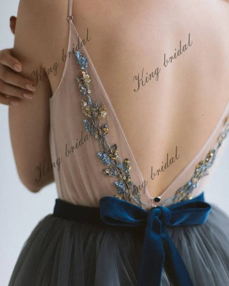 wedding dress with blue sash Amsale Blue Sash