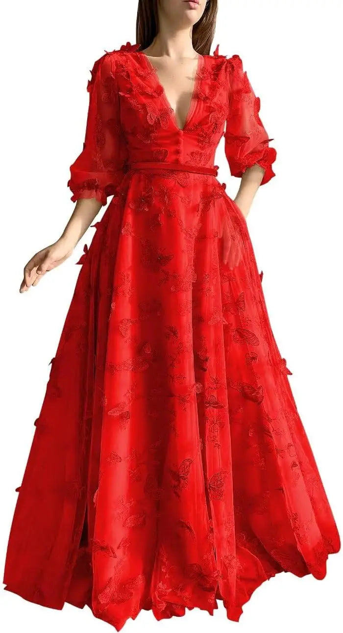 Damen Ballkleid mit Puffärmeln, 3D-Schmetterling, langer V-Ausschnitt, Tüll, Ballkleid, formelles Abendkleid 