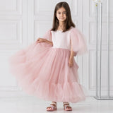 Vestido de princesa de tul rosa con lazo y manga corta para bodas, fiestas de cumpleaños, banquetes, vestidos de princesa, vestidos de niña de las flores 