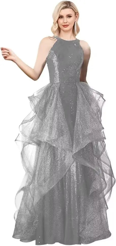 Vestidos de fiesta con lentejuelas y cuello halter, hechos a medida, con capa, 2025, de tul brillante, con abertura en forma de A, para boda, noche y fiesta. 