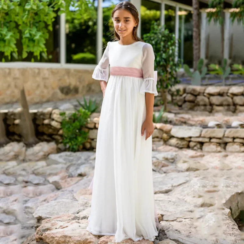 Vestidos de princesa para fiesta de cumpleaños, banquetes, vestidos de niña de las flores, tul blanco con lazo rosa, medias mangas para boda 