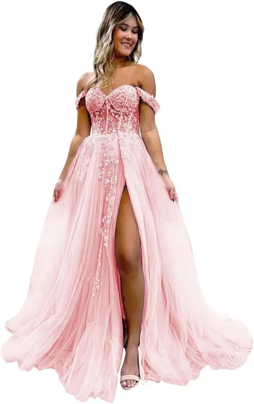 Vestido de fiesta de tul con hombros descubiertos, abertura, apliques de encaje brillante, corsé, vestido formal de fiesta de noche, vestidos de fiesta para mujer, noche 