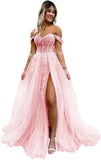 Vestido de fiesta de tul con hombros descubiertos, abertura, apliques de encaje brillante, corsé, vestido formal de fiesta de noche, vestidos de fiesta para mujer, noche 