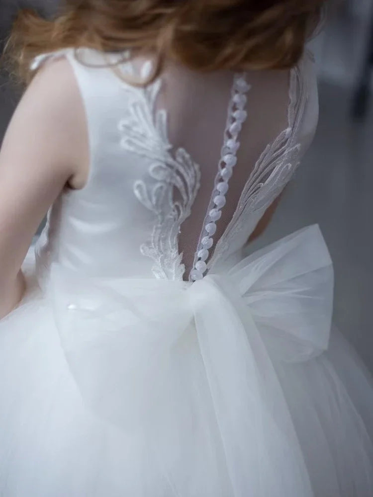 White Tulle Flory Appliques With Bow Sleeveless For Wedding Birthday Party Holy Communion Gowns Customized Flower Girl Dresses