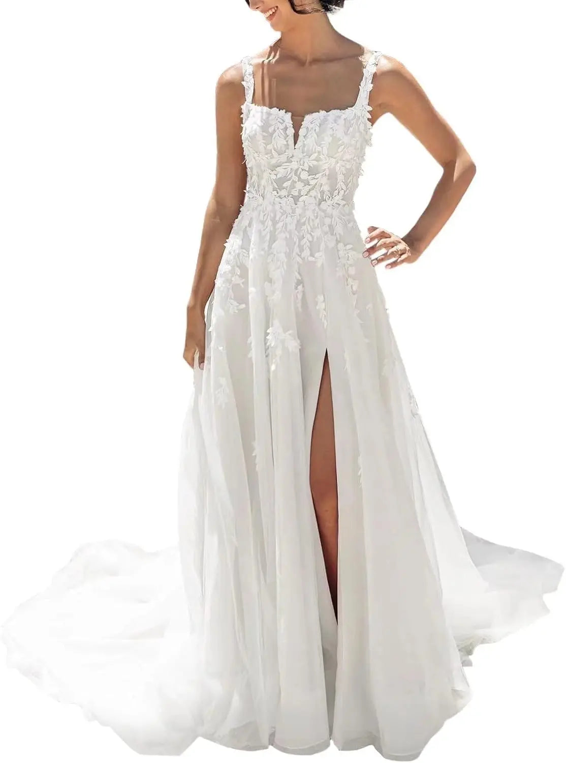 Vestidos de novia hechos a medida para novia, largos, bohemios, con encaje floral, apliques de tul, corsé, playa, línea A, vestidos de novia, vestidos de novia, mangas de encaje 