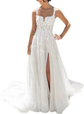 Vestidos de novia hechos a medida para novia, largos, bohemios, con encaje floral, apliques de tul, corsé, playa, línea A, vestidos de novia, vestidos de novia, mangas de encaje 