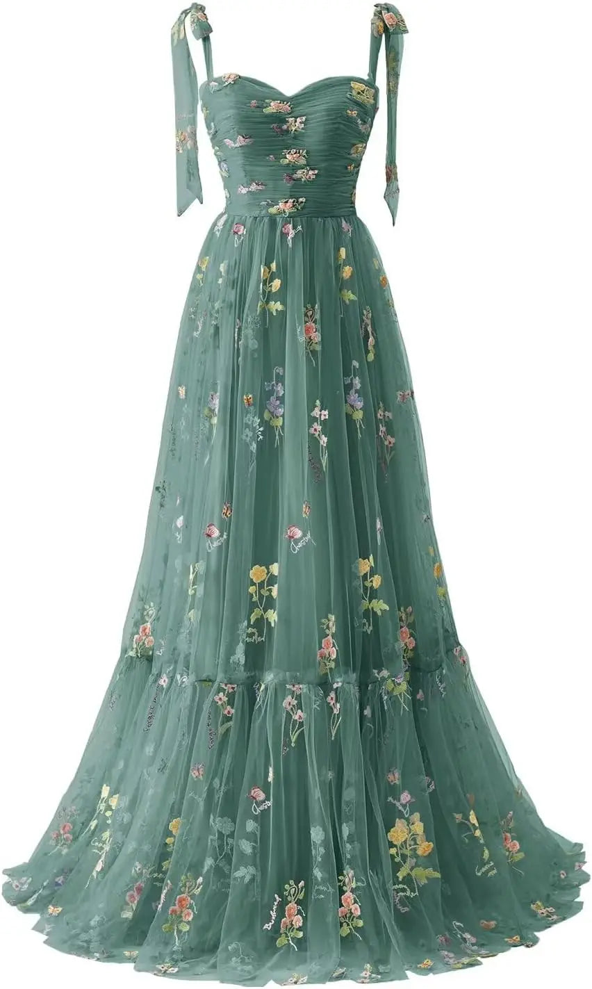 Women's Flower Embroidery Tulle Prom Dresses Corset Long Spaghetti Strap Fairy Ruched Formal Evening Party Gown Bridesmaid Dress