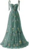 Women's Flower Embroidery Tulle Prom Dresses Corset Long Spaghetti Strap Fairy Ruched Formal Evening Party Gown Bridesmaid Dress