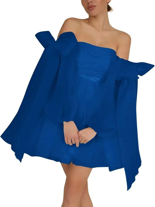 Vestidos de fiesta de organza con hombros descubiertos y lazo, de manga larga, para graduación, de corte A, formales, para cóctel o fiesta. 