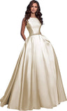 Damen A-Linie Satin Ballkleid Langes Ballkleid Gerafftes Perlenbesetztes Abendkleid Formales Partykleid mit Taschen 