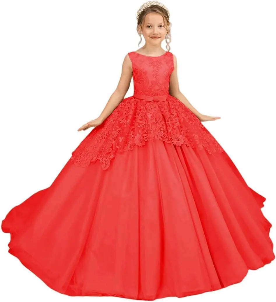 Tüll-Blumenmädchenkleid für Hochzeit, Spitzenapplikationen, bestickt, Prinzessin, Kinderfestzug, Geburtstagsparty, Festzugskleider für Mädchen 