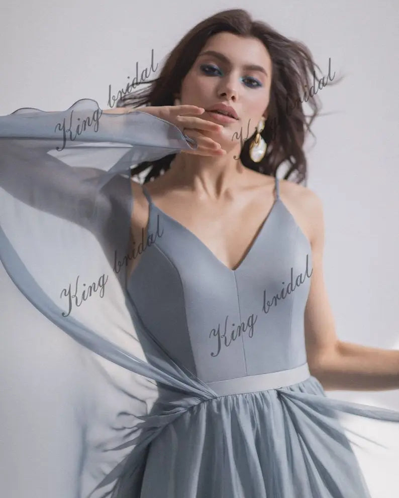 Silk blue and gray boning Chiffon wedding gown Modern wedding dress prom party dresses formal dress women elegant