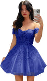 Hübsches kurzes Heimkehrkleid mit Spitzenapplikation für Teenager, glitzernder Tüll, schulterfrei, formelles Abschlussball-Cocktailkleid, Clubkleid 