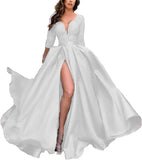 Deep V-Neck Satin Prom Dress for Women, 3/4 Sleeve Formal Evening Gown with Pockets, Elegant Party Dress
