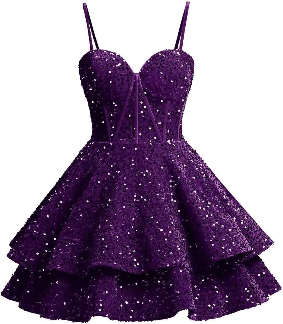 Vestidos de fiesta de graduación con lentejuelas brillantes para adolescentes, tirantes finos, corsé, vestido de cóctel con capas brillantes 