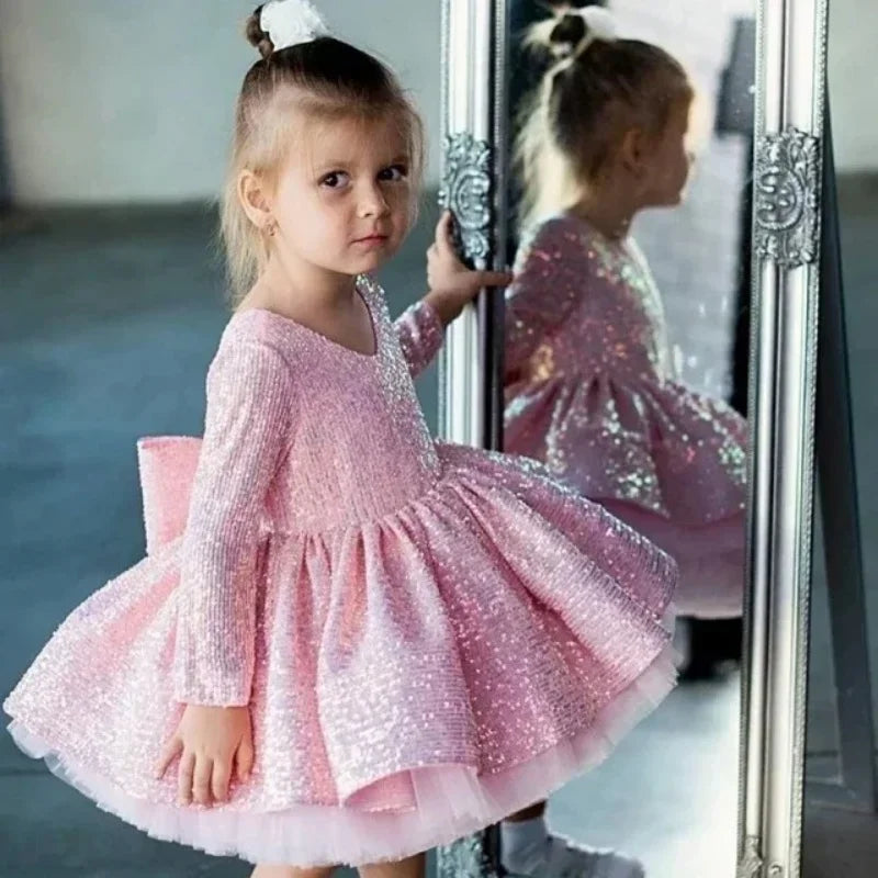 Vestido de princesa con cuello en V para niña, para fiesta de cumpleaños, primera comunión, precioso vestido de niña de las flores para boda, lazo, lentejuelas, volantes 