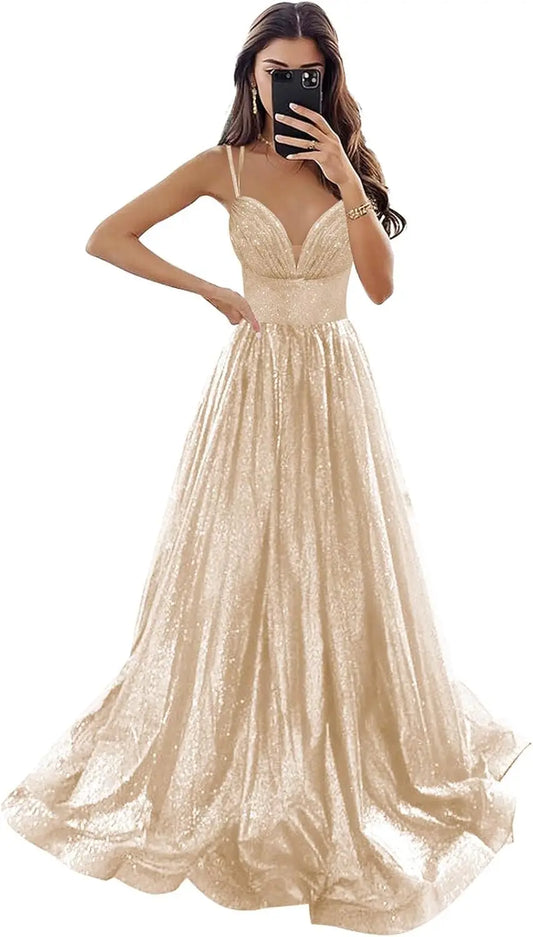 Vestido de fiesta de tul brillante con bolsillos, tirantes finos, corsé fruncido, largo, formal, para noche, vestidos de fiesta para mujer, noche 