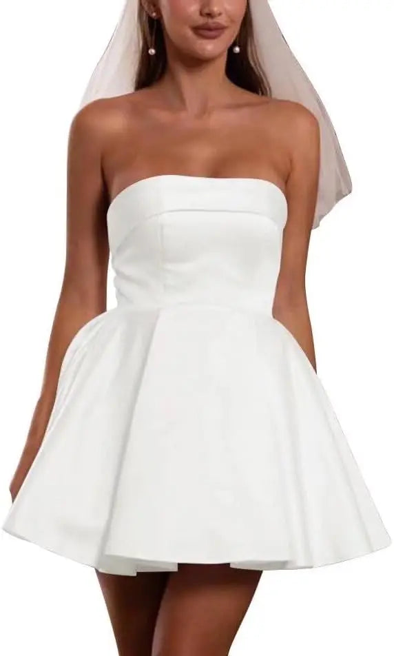 Kurze Brautkleider für die Braut, Strand, Spitzenapplikation, Tüll, trägerlos, Boho-Korsett, Mini-Brautkleid, Satin-Brautkleid mit Ärmeln 