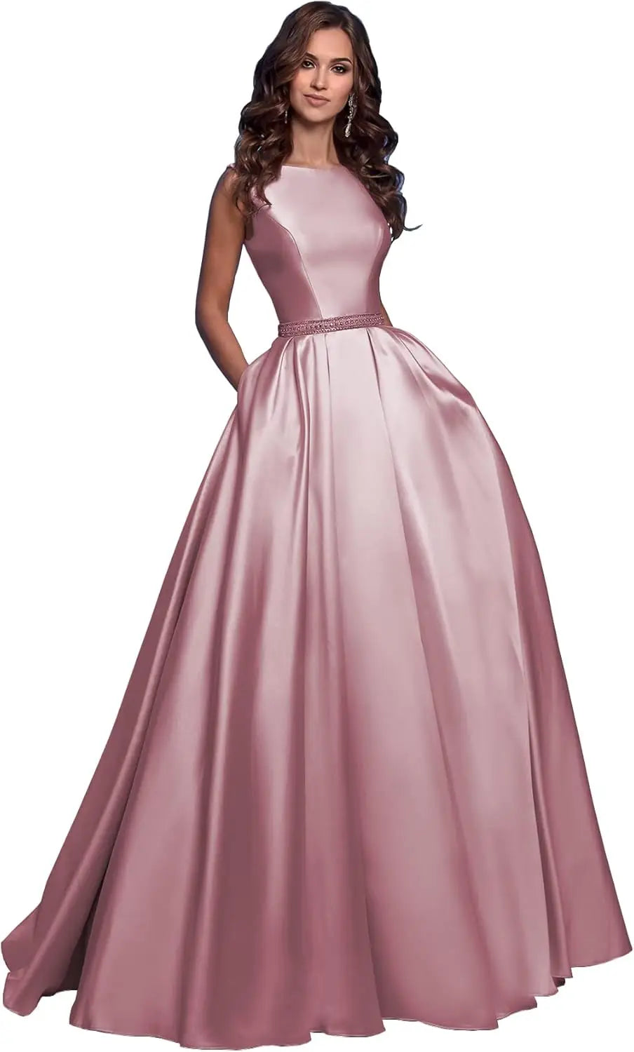 Damen A-Linie Satin Ballkleid Langes Ballkleid Gerafftes Perlenbesetztes Abendkleid Formales Partykleid mit Taschen 