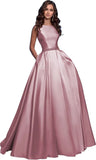 Damen A-Linie Satin Ballkleid Langes Ballkleid Gerafftes Perlenbesetztes Abendkleid Formales Partykleid mit Taschen 