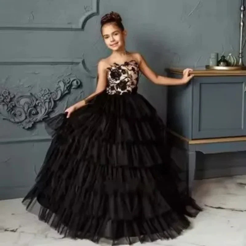 Lace Appliques Layered Sleeveless Girl Kids Birthday Ball Gown First Holy Communion Gowns Black Flower Girl Dresses for Wedding