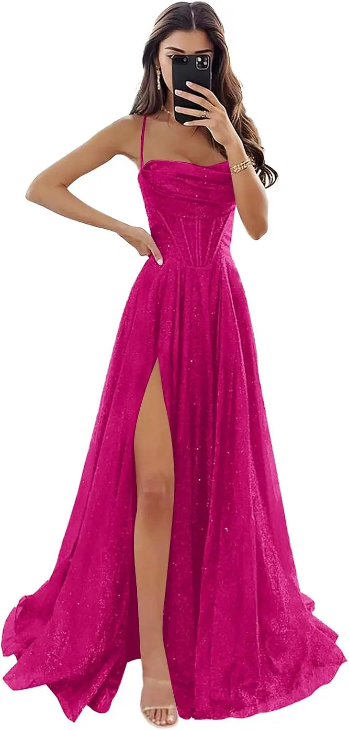 Damen Spaghettiträger Glitzer Tüll Ballkleider mit Schlitz Wasserfallausschnitt Langes formelles Abendkleid Partykleid 