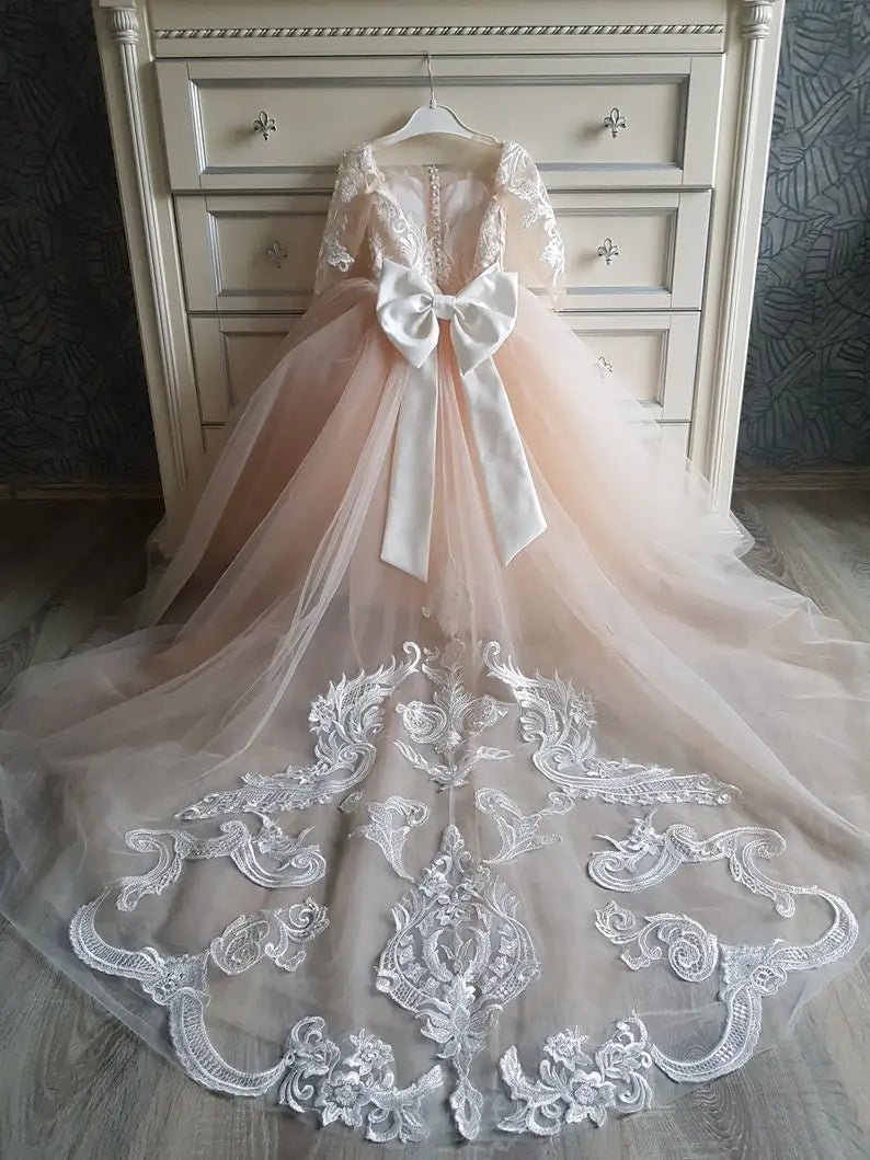 Vestido de niña de flores de tul para fiesta de bodas, vestido de primera comunión, vestido de tutú de encaje con cola, vestido de baile de niña, apliques de marfil con lazos 