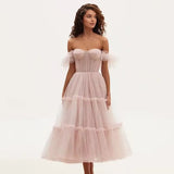 Sky Blue Women Dresses With Ruffles Trimmed Details Sweetheart Long Maxi Dress Party Tulle Ankle Length Off Shoulder Customized