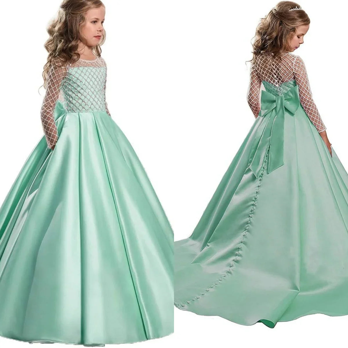 Ball With Bow Satin Floor Length Girl Kids Birthday Party First Holy Communion Gowns Elegant Flower Girl Dresses for Wedding