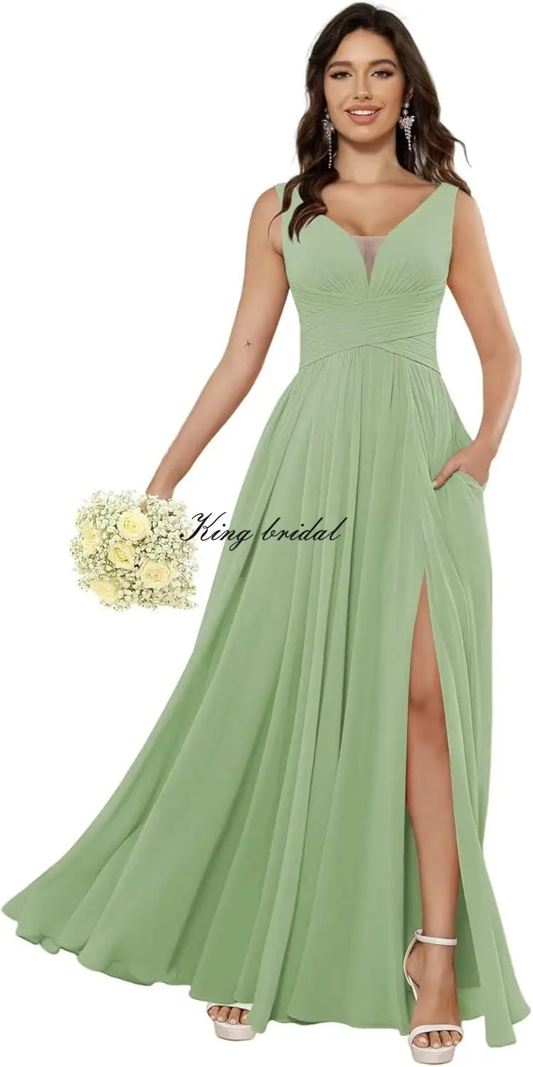 Custom Made Women's Simple Chiffon Bridesmaid Dresses with Pockets Long V Neck Formal Evening Prom Gowns Dresses with Slit