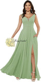 Custom Made Women's Simple Chiffon Bridesmaid Dresses with Pockets Long V Neck Formal Evening Prom Gowns Dresses with Slit