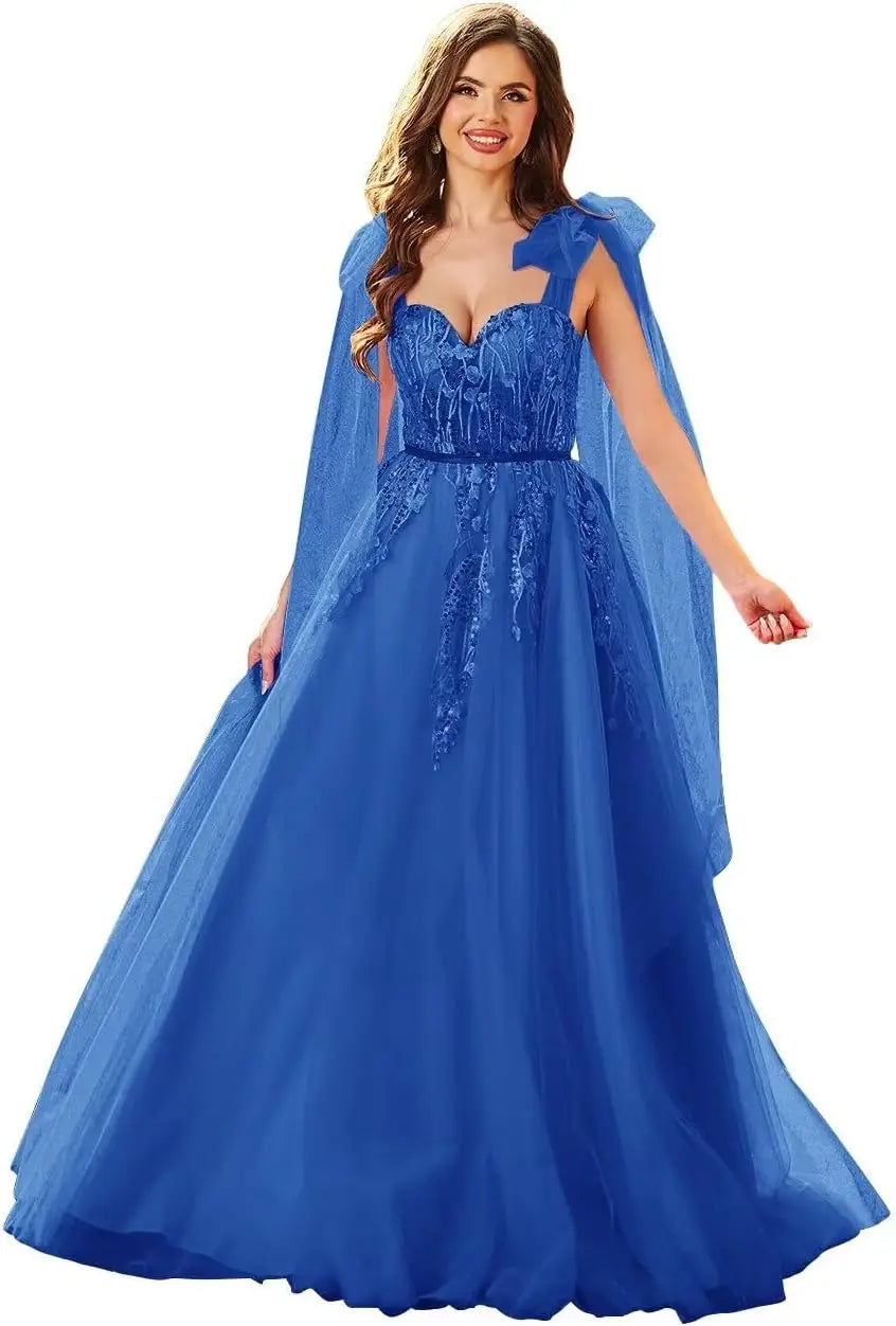 Vestidos de fiesta de tul con apliques de encaje para mujer, tirantes finos ajustables, vestidos de gala largos de corte A, vestidos de noche, vestidos de fiesta 