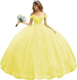 Tulle Quinceanera Dresses with Bow Puffy Off Shoulder Sweet 16 Dresses Sparkly Crystal Quince Dress with Train