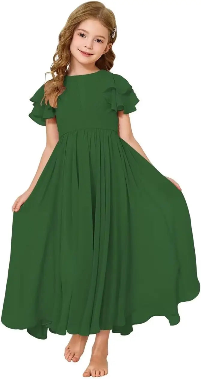 Flower Girl Maxi Dress for Wedding Bridesmaids Flowy Chiffon Teens Ruffle Sleeve Formal Party Pageant Gown princess dress