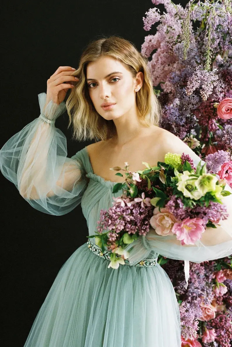 Sage green tulle wedding gown with detachable long puff sleeves Alternative full bridal dress party formal dress women evening