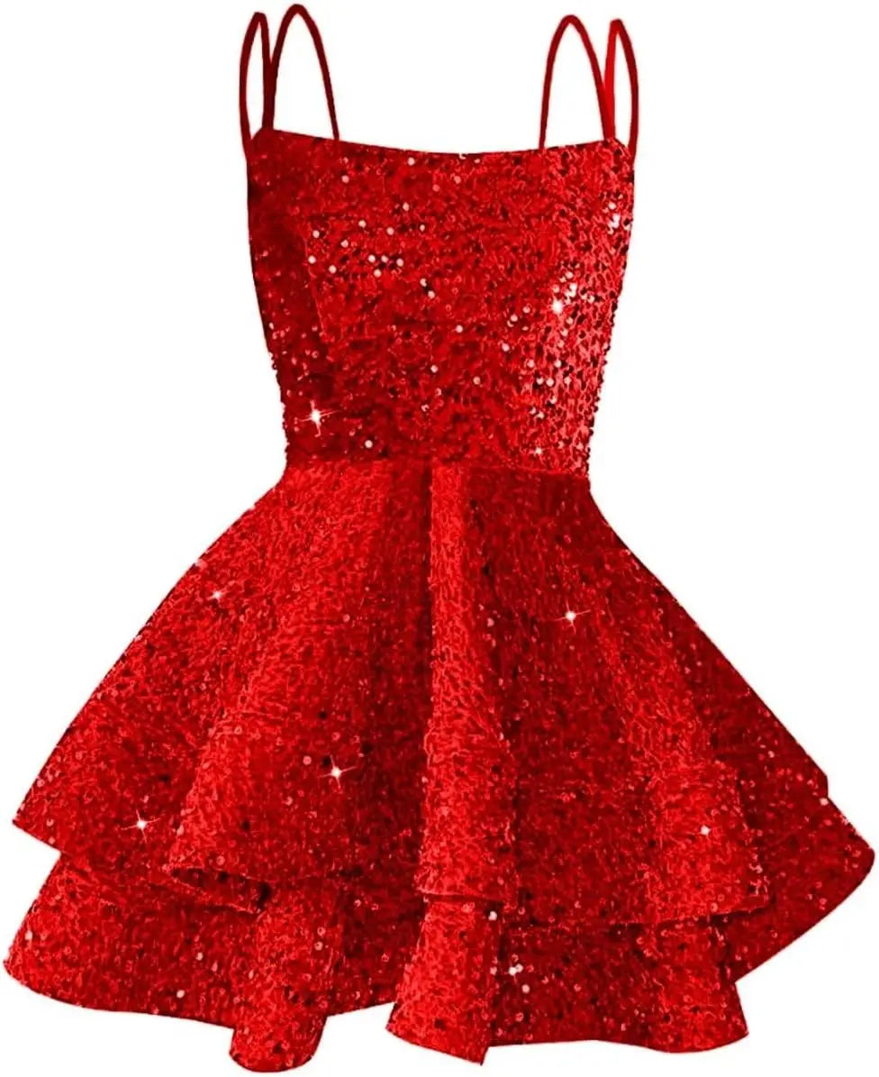 Hübsches, funkelndes Pailletten-Heimkehrkleid für Teenager, kurzes, gestuftes Ballkleid mit quadratischem Ausschnitt und A-Linie, Cocktail-Club-Partykleid 