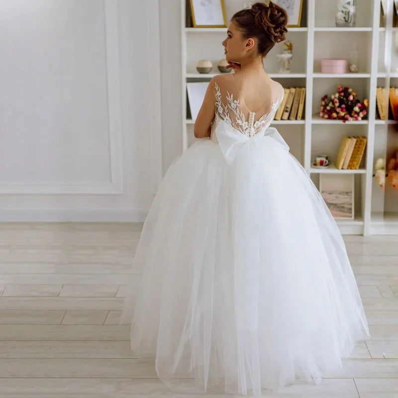 Vestidos de primera comunión personalizados para niña de las flores, tul blanco, apliques florales con lazo, sin mangas para boda 