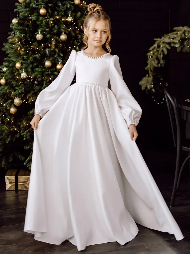 Vestidos de satén blanco con cuello de perlas y lazo, manga larga, para bodas, cumpleaños, banquetes, comunión, personalizados, para niñas de las flores. 