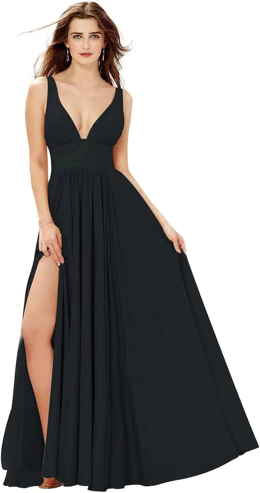 Elegant Women's Long Chiffon Bridesmaid Dresses Deep V-Neck Sleeveless Slit Formal Evening Party Gowns prom dresses
