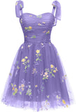 Vestidos cortos de fiesta para adolescentes con bordado de flores, tul, tirantes finos, largo hasta la rodilla, con margaritas y estampado floral. 