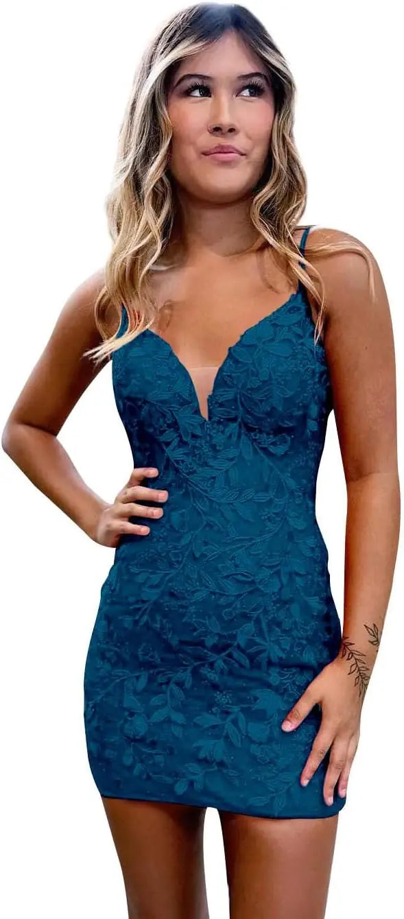Etuikleid für Teenager mit Spitzenapplikationen, enges, offenes Rückenkleid, kurzes Ballkleid, formelle Abendkleider, Hochzeitsfeier, Cocktailkleid 